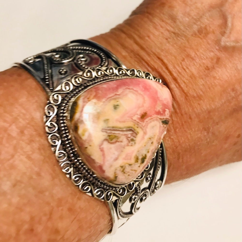 Rhodochrosite Stamped 925 Sterling Silver Cuff Bracelet